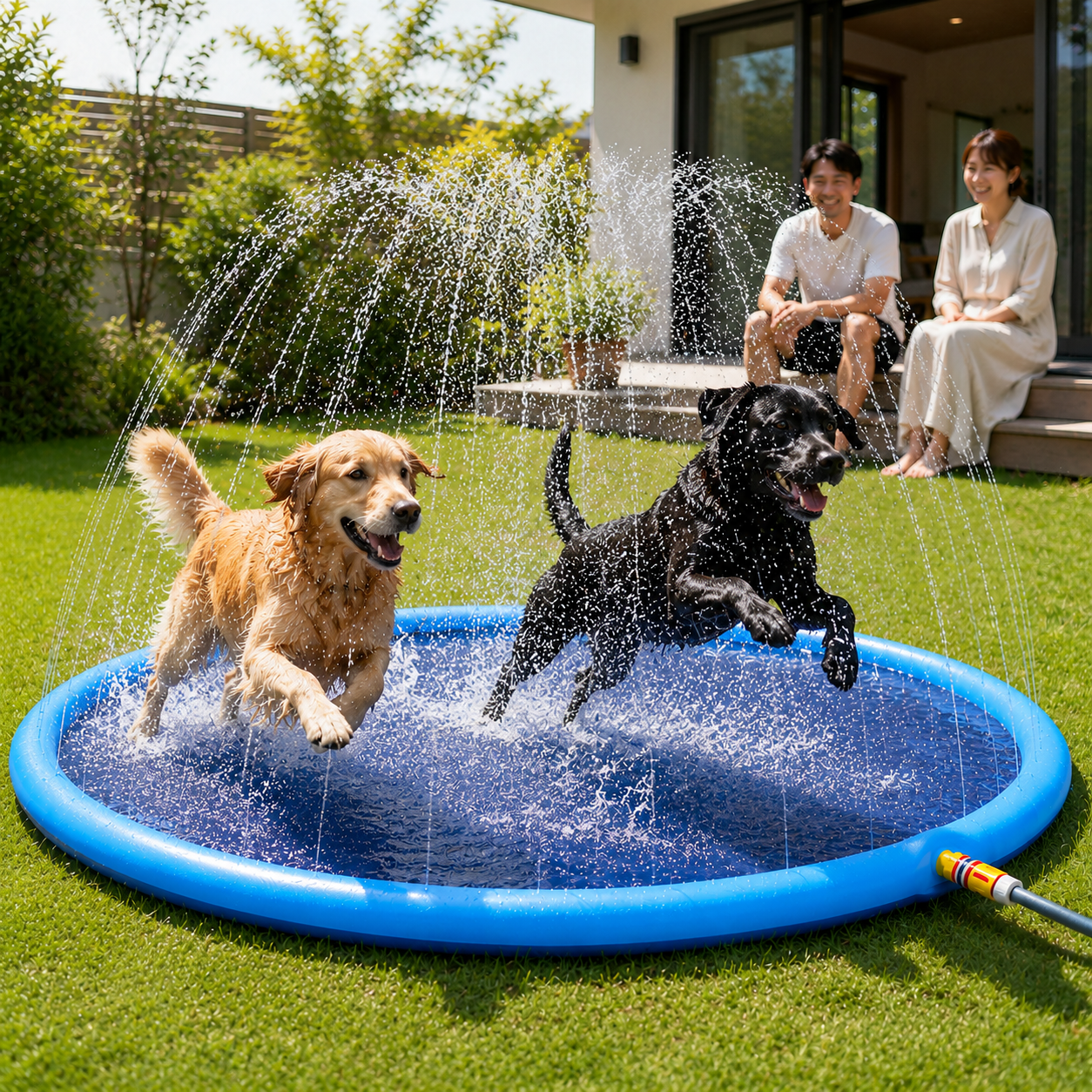 愛犬が夢中になるスプラッシュパッド。暑い日も、お庭で思いっきり水遊び。