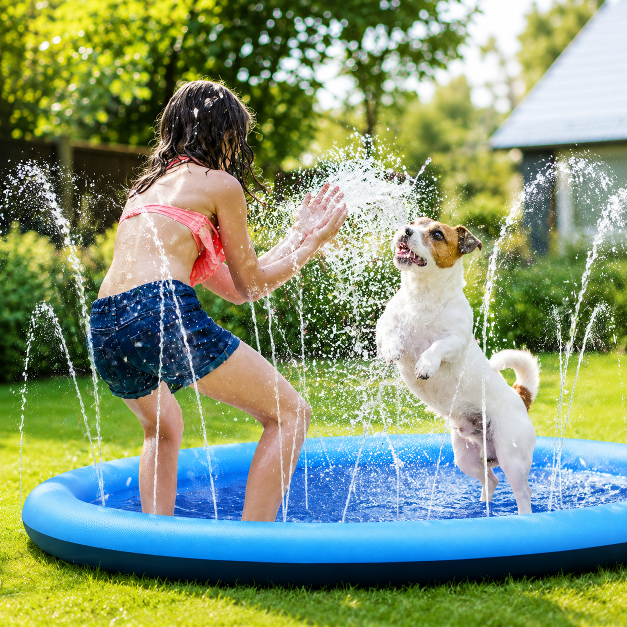 愛犬が夢中になるスプラッシュパッド。暑い日も、お庭で思いっきり水遊び。
